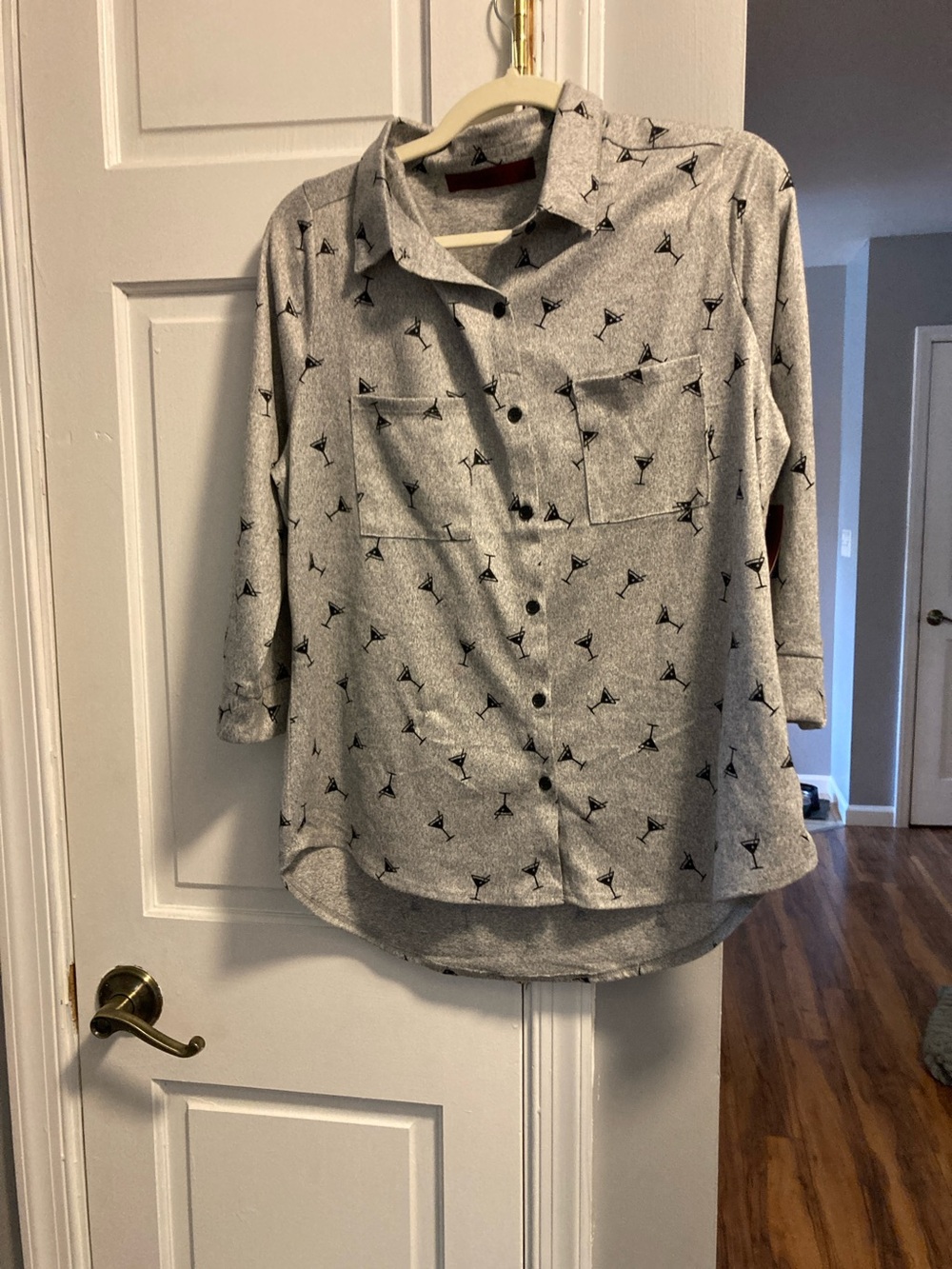 Gray Button-Down Shirt with Martini Glass Print Size L